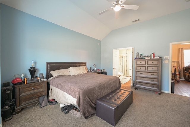 bedroom with carpet, ceiling fan, lofted ceiling, and ensuite bathroom