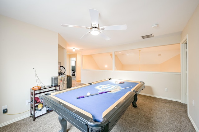 game room with dark colored carpet, ceiling fan, and billiards