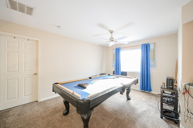 rec room with ceiling fan, carpet, and pool table