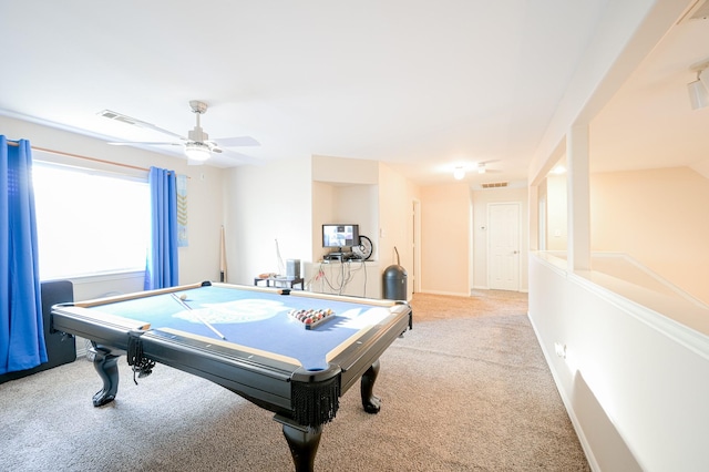 playroom featuring ceiling fan, light colored carpet, and pool table