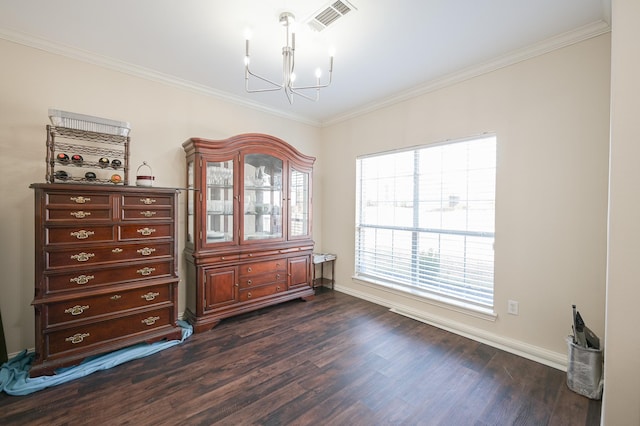 interior space with dark hardwood / wood-style flooring, crown molding, and a notable chandelier