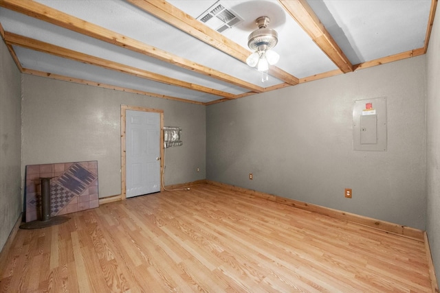 unfurnished living room featuring light wood-type flooring and electric panel