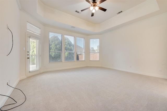 spare room featuring light carpet, a raised ceiling, ceiling fan, and ornamental molding