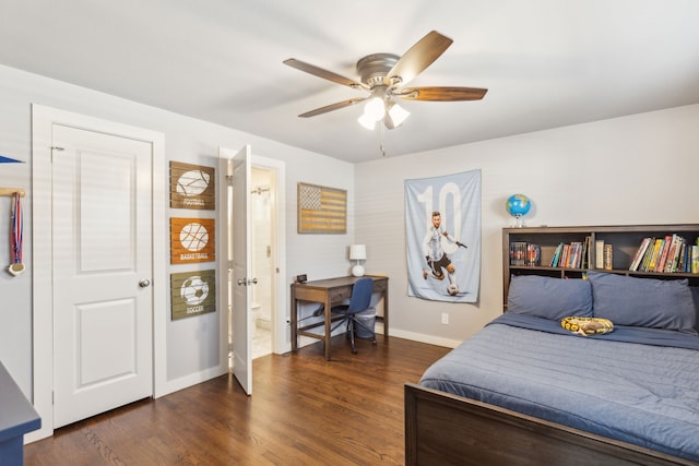 bedroom with ceiling fan and dark hardwood / wood-style flooring