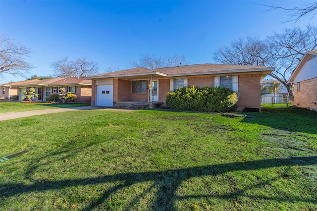 single story home featuring a front yard and a garage