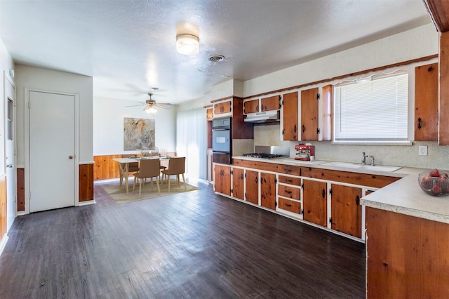 kitchen with ceiling fan, a wealth of natural light, sink, and stainless steel gas cooktop