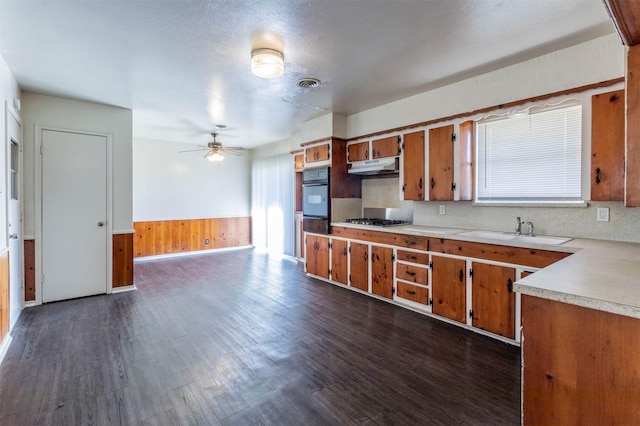 kitchen with ceiling fan, sink, a healthy amount of sunlight, stainless steel gas cooktop, and wooden walls