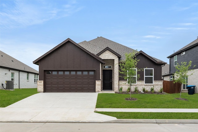 6721 Golden Grove Rd, Fort Worth, TX 76123 - view of front of property with board and batten siding, central air condition unit, a garage, driveway, and brick siding
