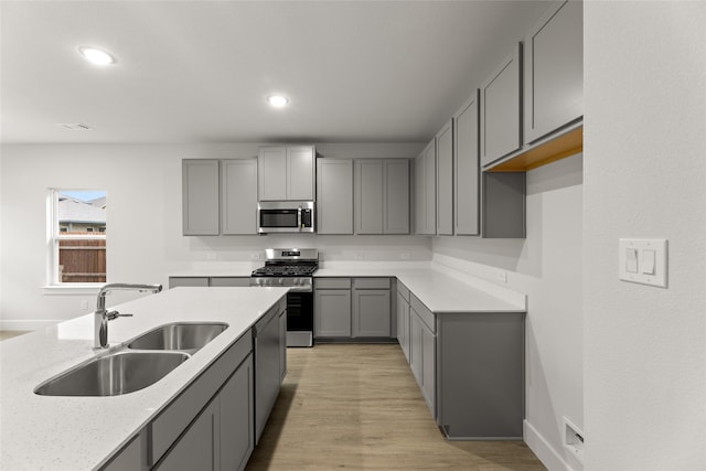 6721 Golden Grove Rd, Fort Worth, TX 76123 - kitchen with stainless steel appliances, a sink, gray cabinetry, light wood-style floors, and recessed lighting