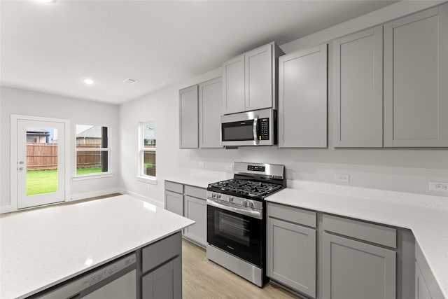 6721 Golden Grove Rd, Fort Worth, TX 76123 - kitchen with appliances with stainless steel finishes, gray cabinets, light wood-style floors, and recessed lighting