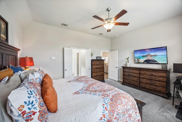 carpeted bedroom with ceiling fan