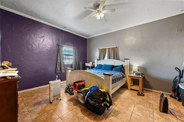 bedroom featuring tile patterned flooring, radiator, ceiling fan, and ornamental molding