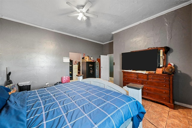 bedroom with light tile patterned floors, ceiling fan, and crown molding