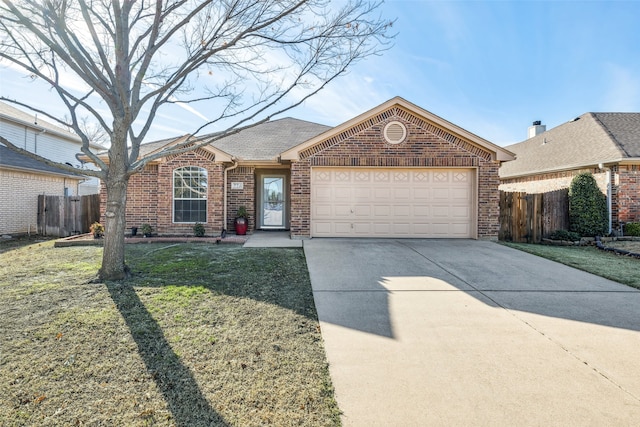 ranch-style home with a front lawn and a garage