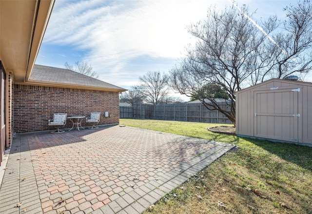 view of patio with a shed