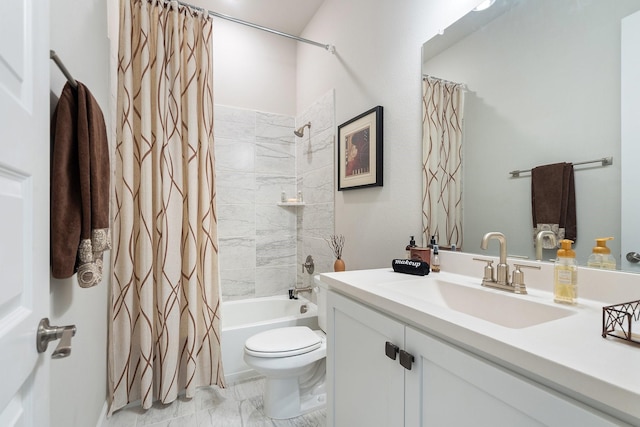 full bathroom featuring toilet, shower / tub combo with curtain, and vanity