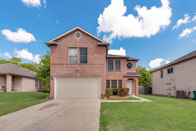 front of property featuring a garage, central air condition unit, and a front lawn