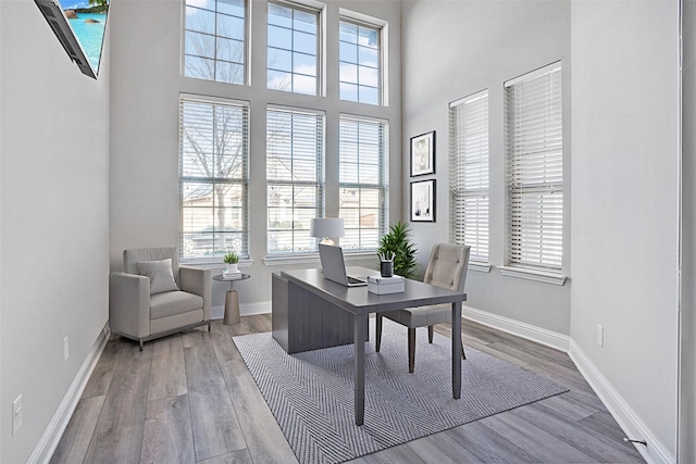 office with a towering ceiling, baseboards, and wood finished floors