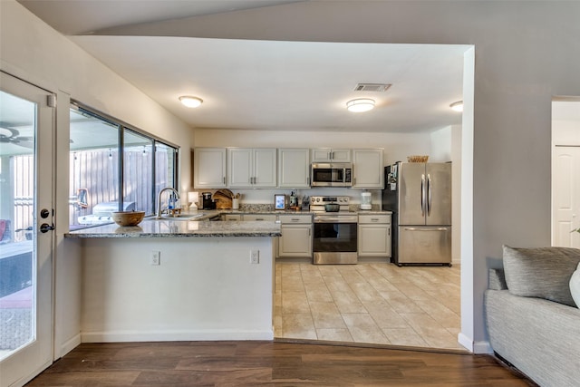 kitchen featuring light hardwood / wood-style floors, stainless steel appliances, light stone counters, and sink