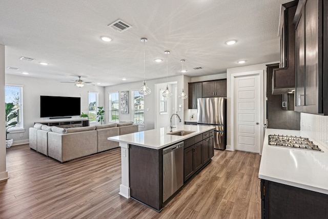 kitchen with hardwood / wood-style floors, appliances with stainless steel finishes, an island with sink, sink, and ceiling fan with notable chandelier