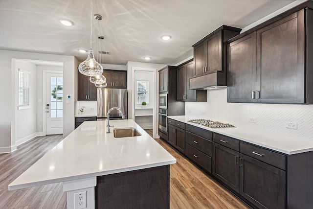 kitchen with hanging light fixtures, light hardwood / wood-style floors, a kitchen island with sink, appliances with stainless steel finishes, and sink