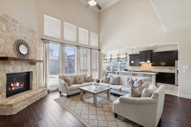 living room featuring hardwood / wood-style floors, a stone fireplace, and a towering ceiling