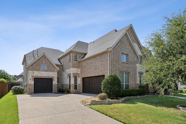 view of front of property with a front lawn and a garage