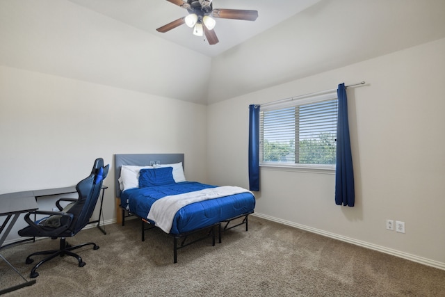 bedroom featuring carpet flooring, ceiling fan, and vaulted ceiling