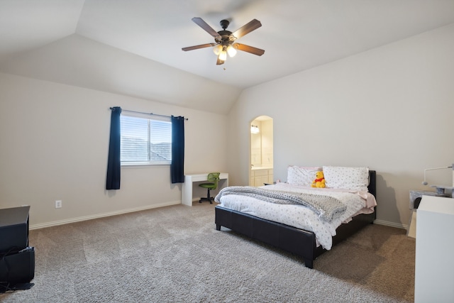 bedroom featuring lofted ceiling, ceiling fan, and light colored carpet