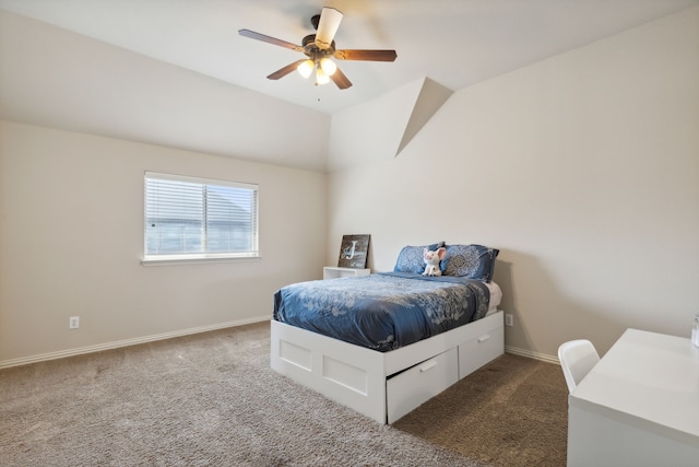 bedroom featuring carpet flooring, ceiling fan, and vaulted ceiling