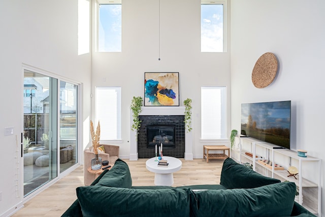 living room featuring a towering ceiling and light hardwood / wood-style flooring