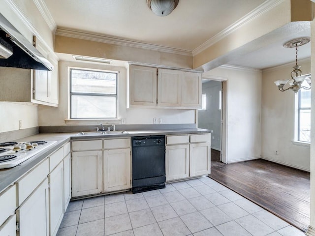 kitchen featuring white cabinets, a chandelier, black dishwasher, and sink