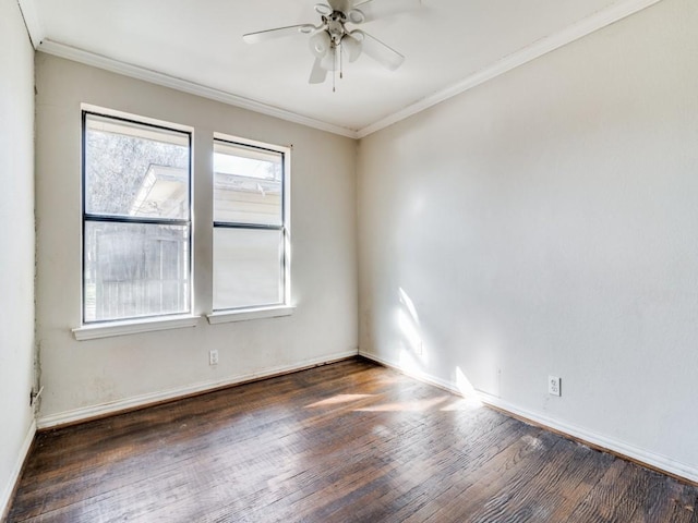 unfurnished room with ornamental molding, ceiling fan, and dark hardwood / wood-style flooring