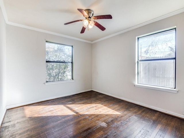 spare room with ceiling fan, crown molding, and dark wood-type flooring