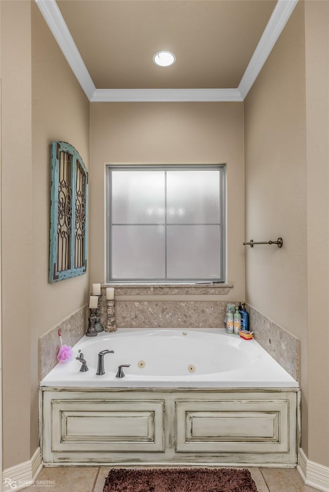 bathroom with a bath, crown molding, and tile patterned floors