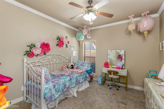 carpeted bedroom featuring ceiling fan and crown molding