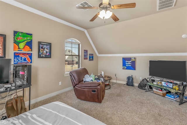 bedroom featuring ceiling fan, lofted ceiling, and carpet floors