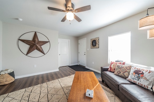 living room with ceiling fan and hardwood / wood-style flooring