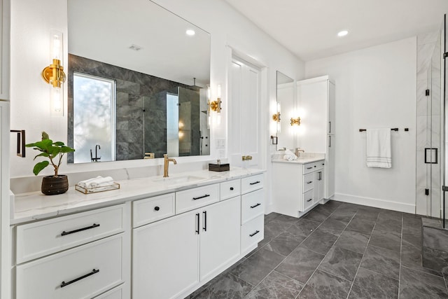 bathroom with vanity, walk in shower, and tile walls