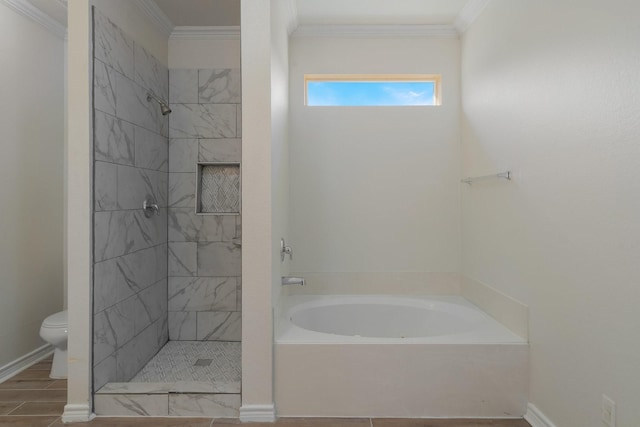 bathroom with ornamental molding, separate shower and tub, wood-type flooring, and toilet