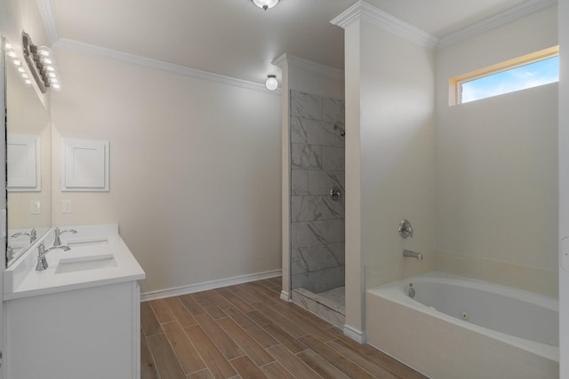 bathroom featuring ornamental molding, independent shower and bath, and vanity