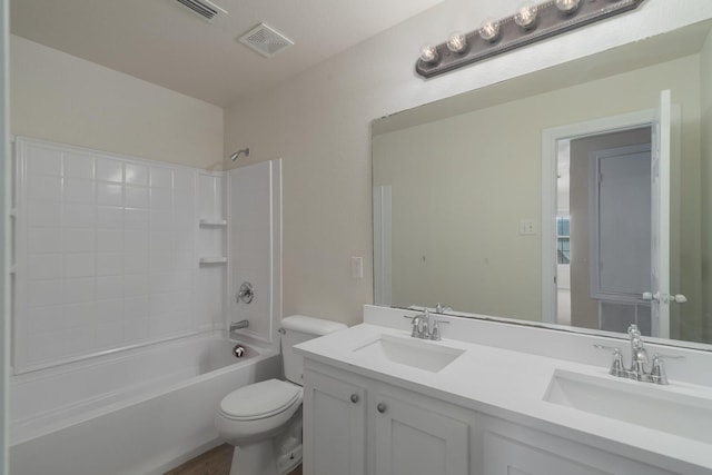 full bathroom featuring toilet,  shower combination, and vanity