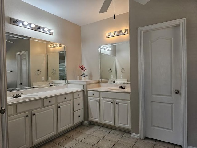 bathroom featuring vanity, tile patterned floors, and ceiling fan