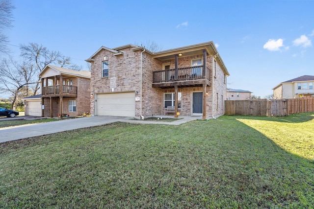 view of front of house with a balcony, a front yard, and a garage