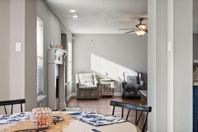 interior space featuring wood-type flooring, ceiling fan, and a wealth of natural light