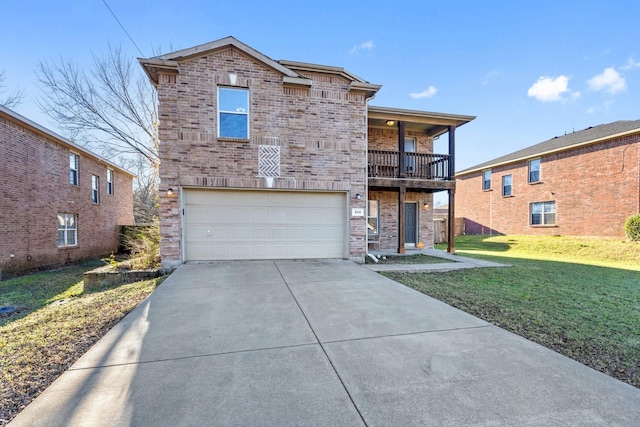 view of front property featuring a balcony, a garage, and a front lawn