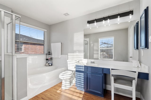 bathroom with separate shower and tub, hardwood / wood-style floors, and vanity