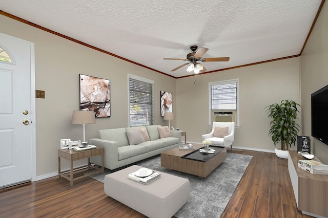 living room with a textured ceiling, dark hardwood / wood-style flooring, and ceiling fan