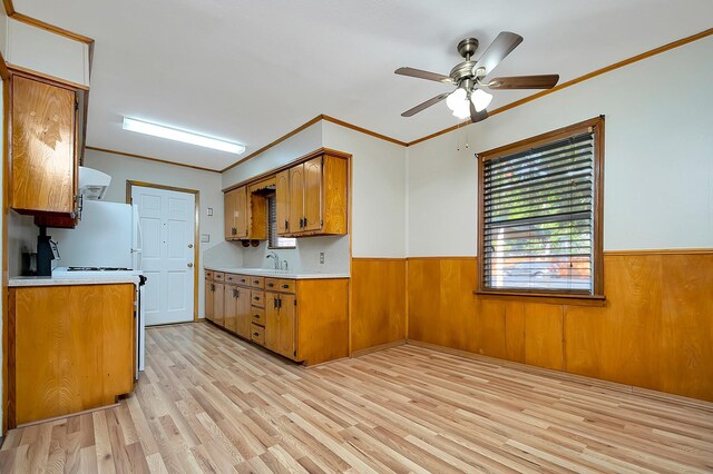 kitchen with sink, white appliances, light wood-type flooring, ceiling fan, and crown molding