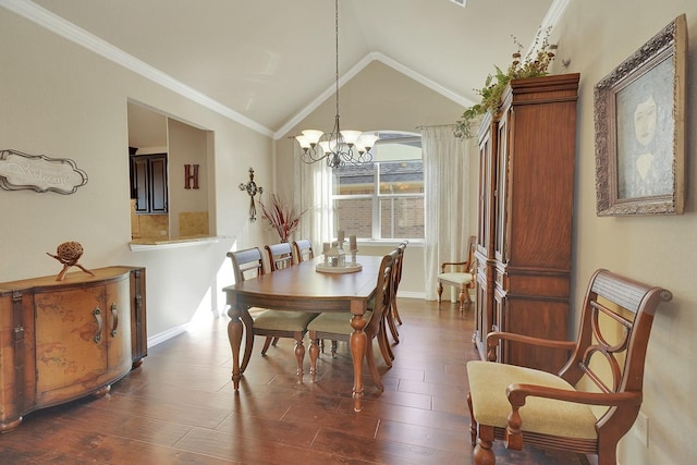 dining room with dark wood-style flooring, crown molding, lofted ceiling, an inviting chandelier, and baseboards